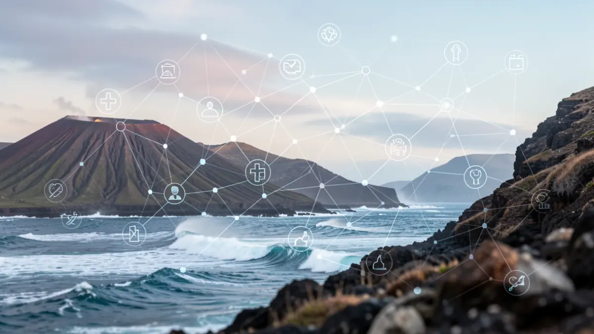 Generic image of digital health transformation in the Canary Islands with technological elements and volcanic landscapes.