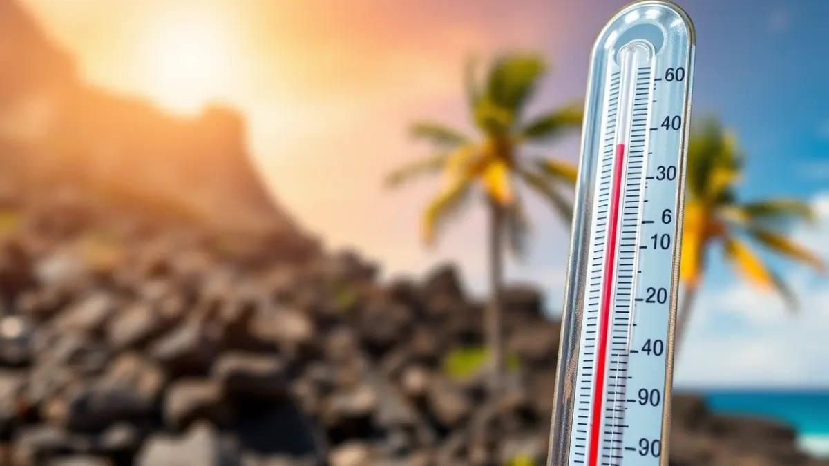 Generic image of a thermometer showing high temperatures in a sunny Canary Islands landscape.