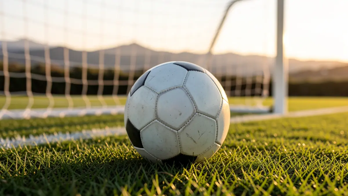 Generic image of a soccer ball on grass with the goal net out of focus.