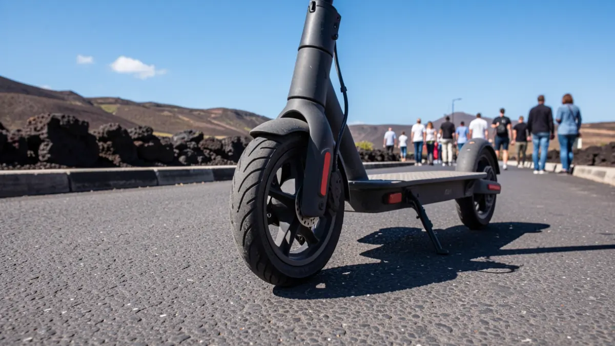 Primer plano de la rueda de un patinete eléctrico en una carretera de Lanzarote con paisaje volcánico al fondo.