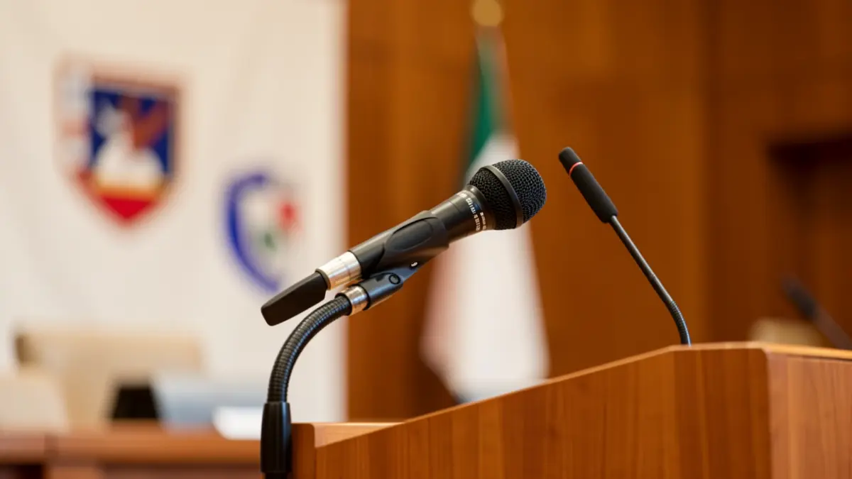 Generic image of a microphone on a podium during a conference.