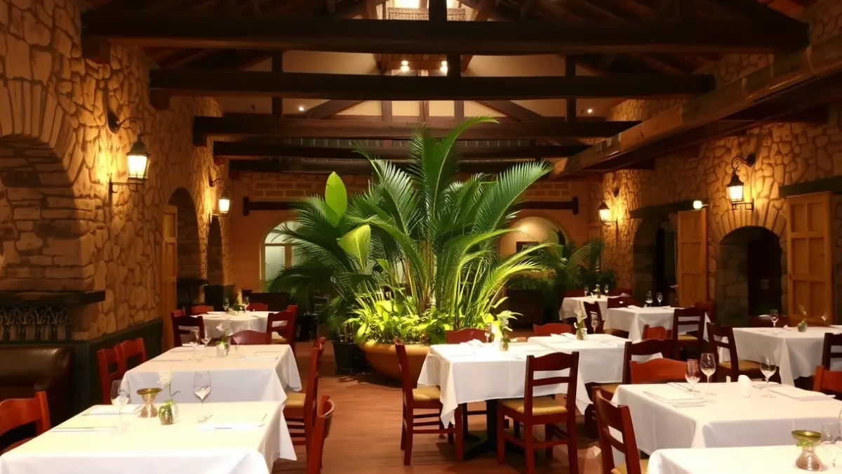 Image of the interior of a traditional Canarian restaurant with a patio and set tables.
