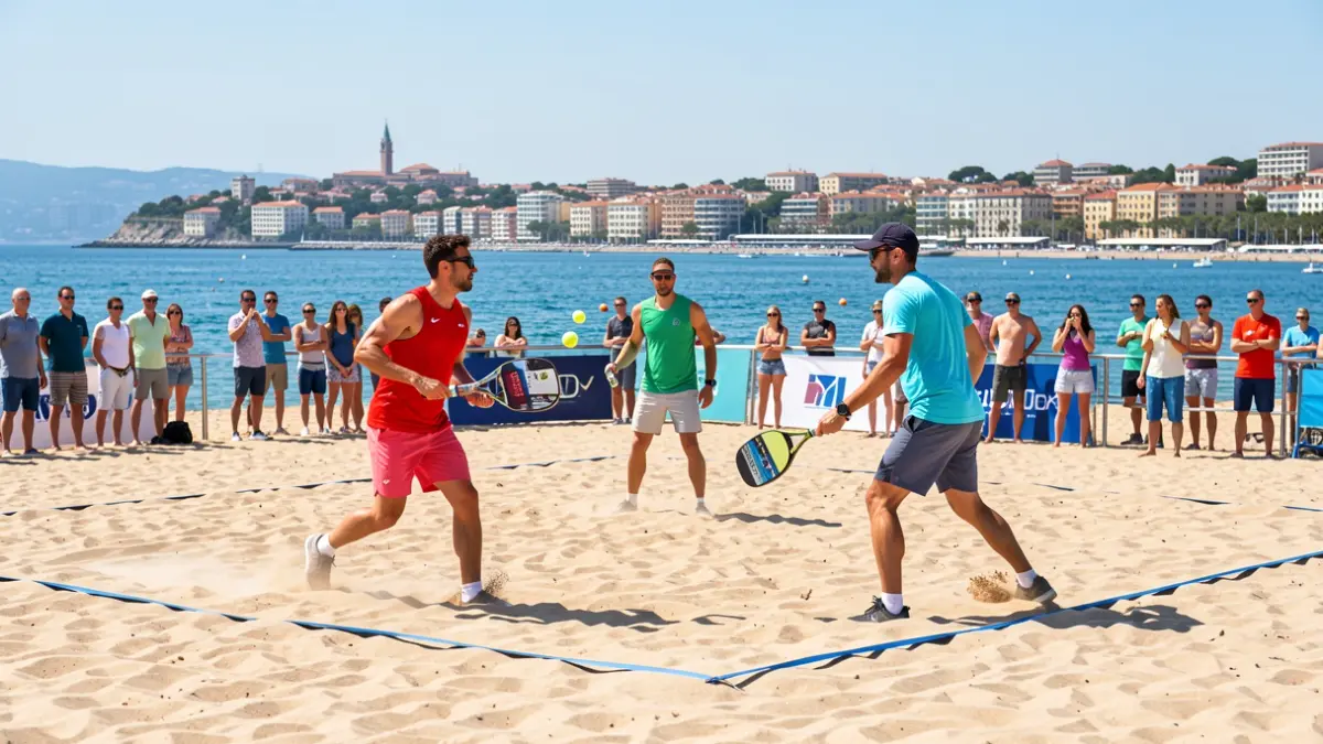 Generic image of beach tennis players competing on a sand court with the sea in the background.