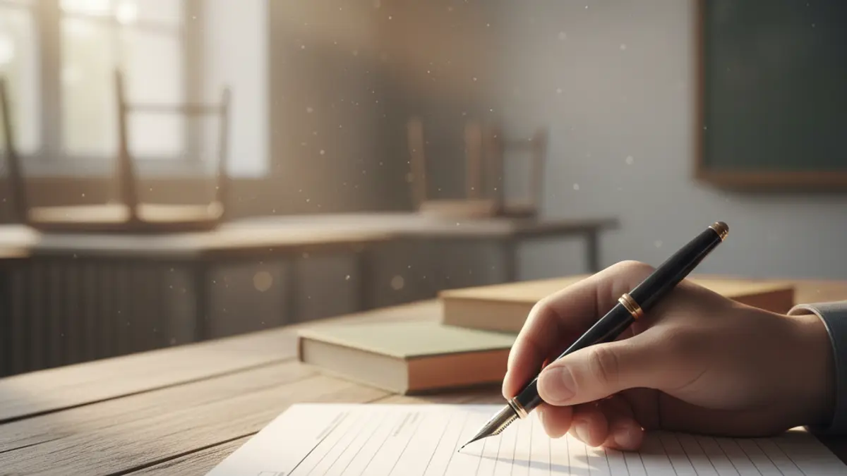 Imagen genérica de una persona realizando un examen, con un bolígrafo sobre un papel.