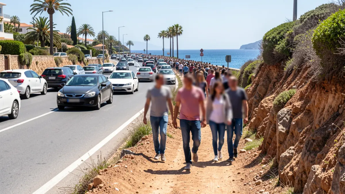 Imagen genérica de estudiantes caminando por un sendero peligroso junto a una carretera con tráfico.