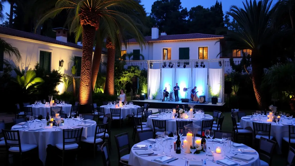 Image of a charity dinner in a botanical garden, with tables and ambient lighting.
