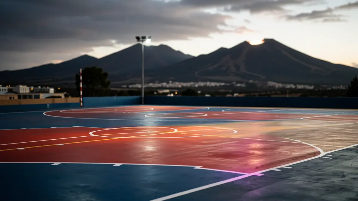 Gran Canaria basketball court with dramatic lighting and volcanic landscape in the background.
