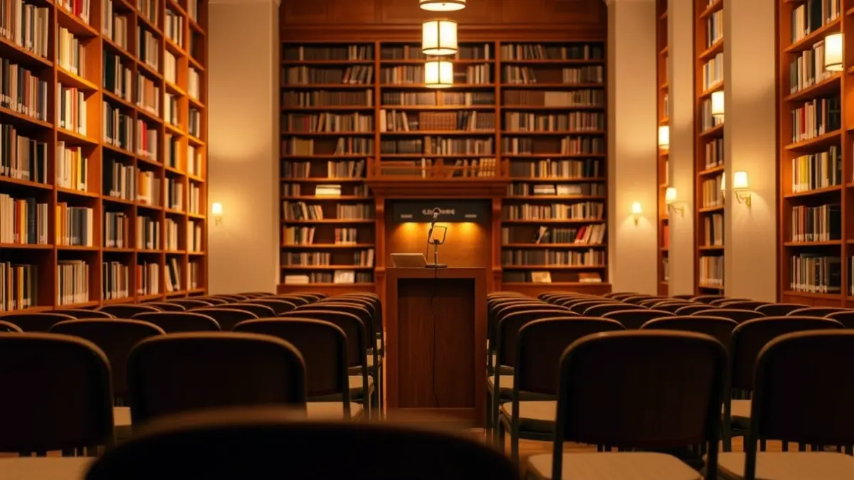 Imagen genérica de un interior de biblioteca con un podio y sillas, representando un evento cultural.