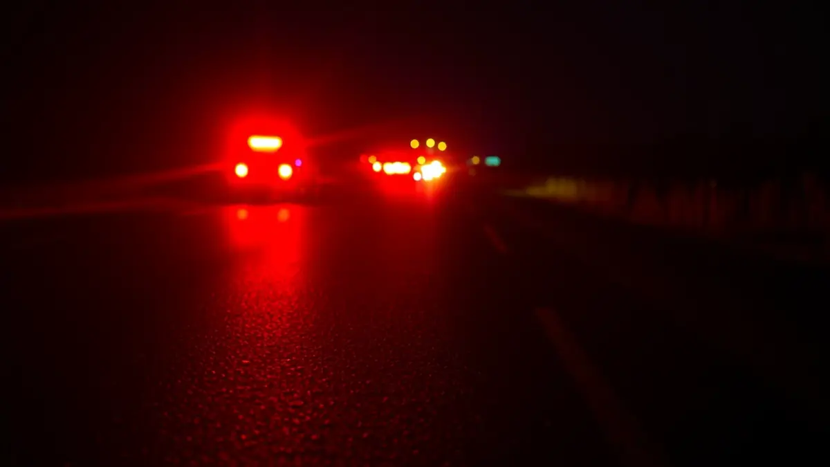 Generic image of emergency lights on a road, reflecting on wet asphalt.