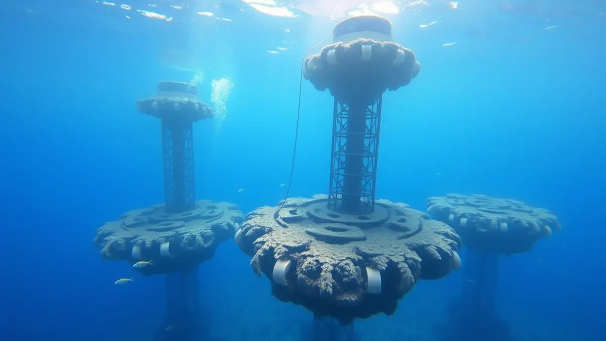 Image of an underwater artificial reef, with research structures and marine life.