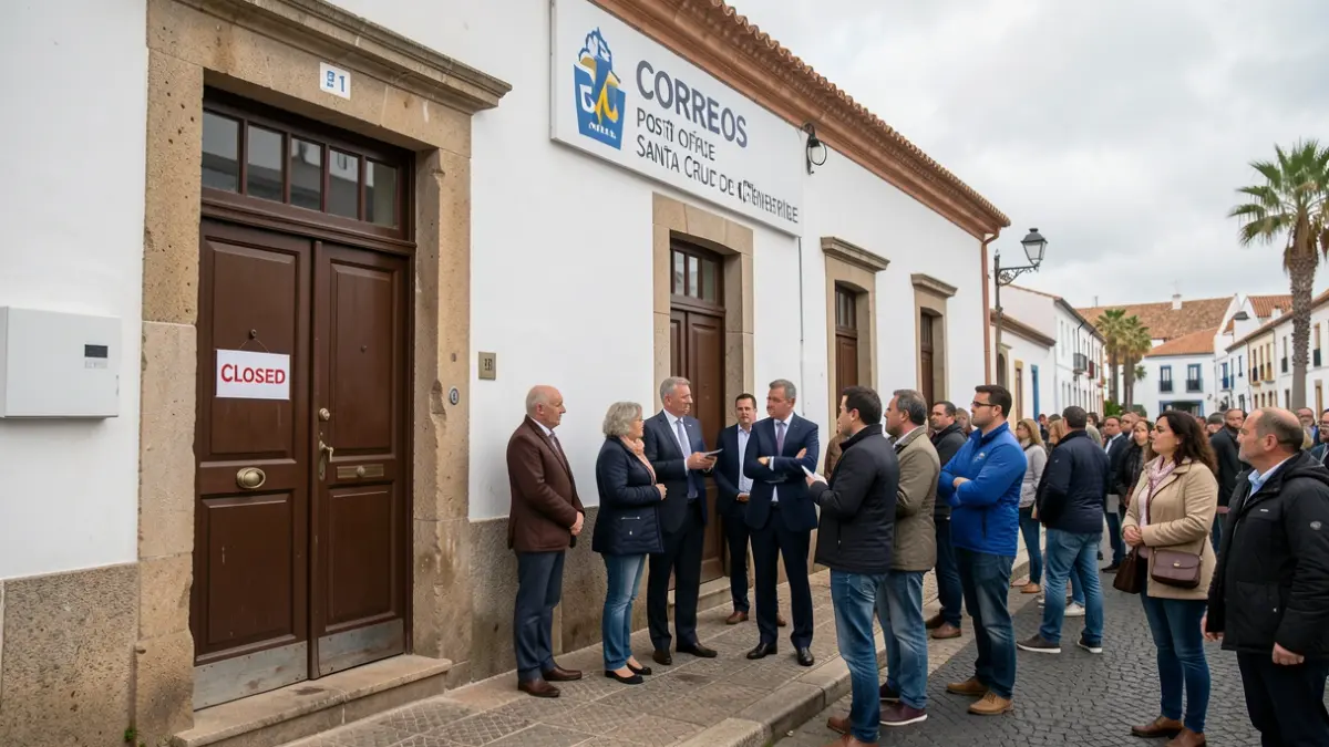 Imagen genérica de una oficina de Correos histórica con manifestantes en contra de su cierre.