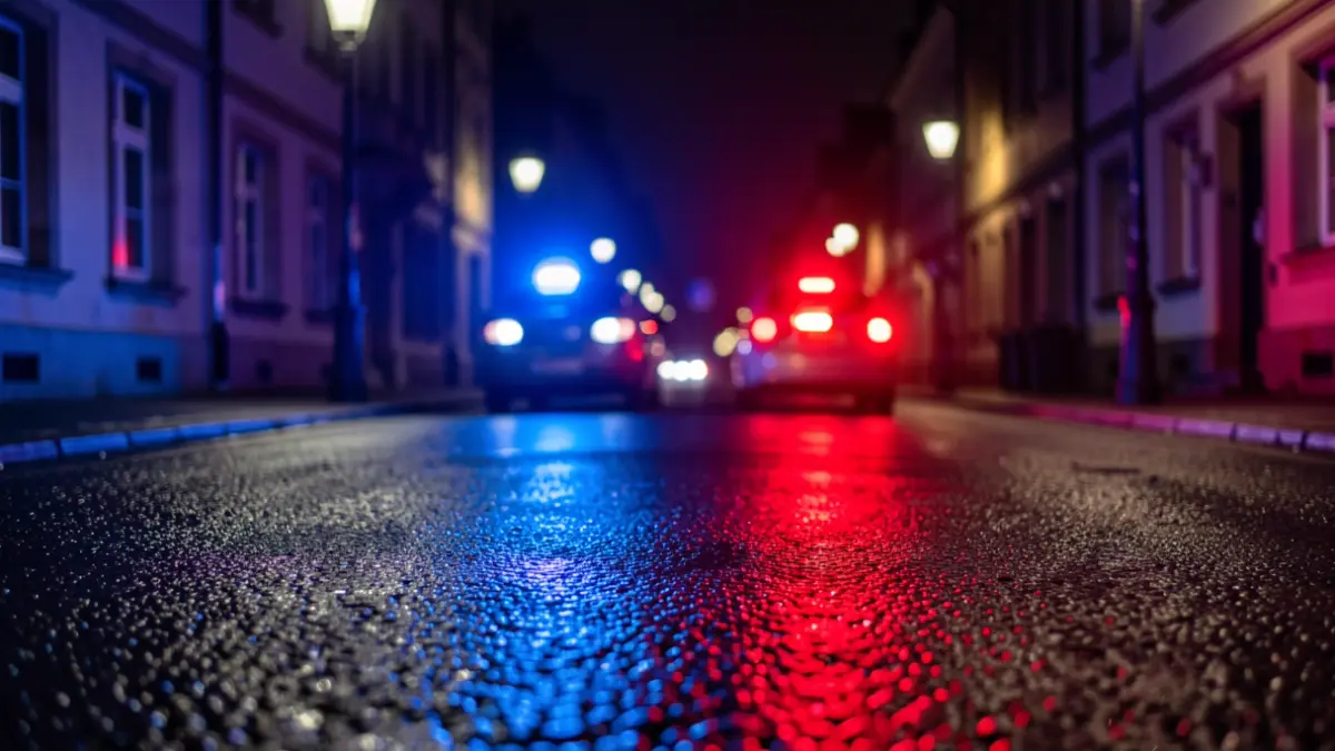 Generic image of police emergency lights reflecting on asphalt.