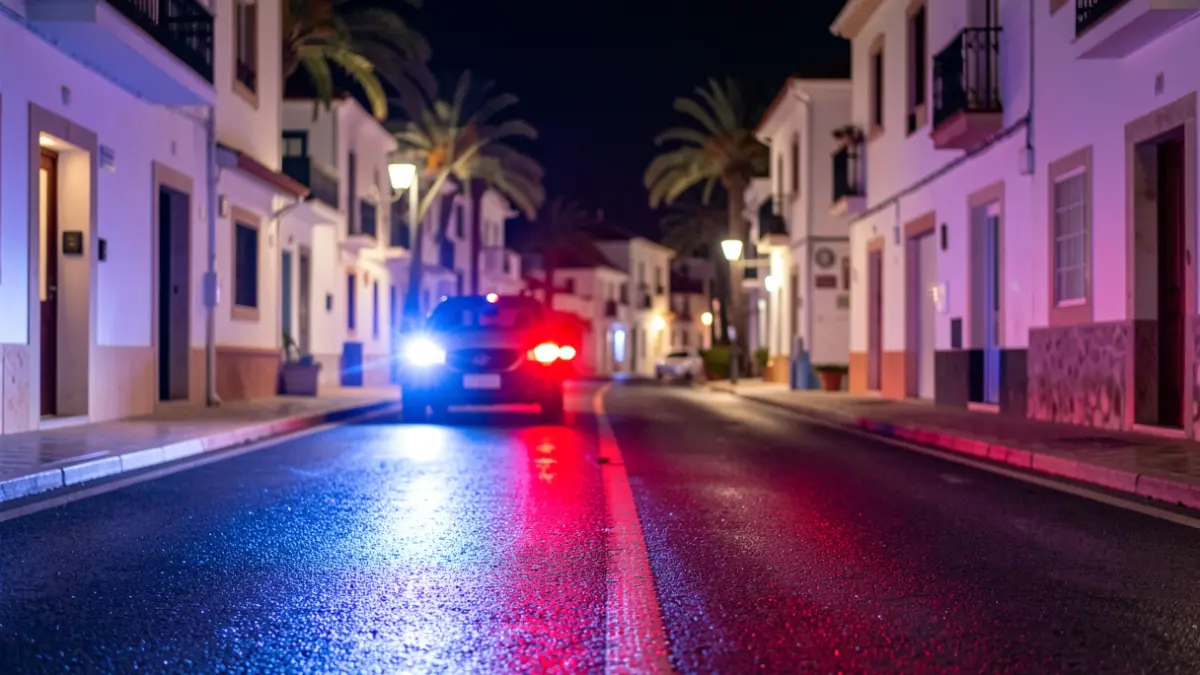 Generic image of police emergency lights reflecting on asphalt.