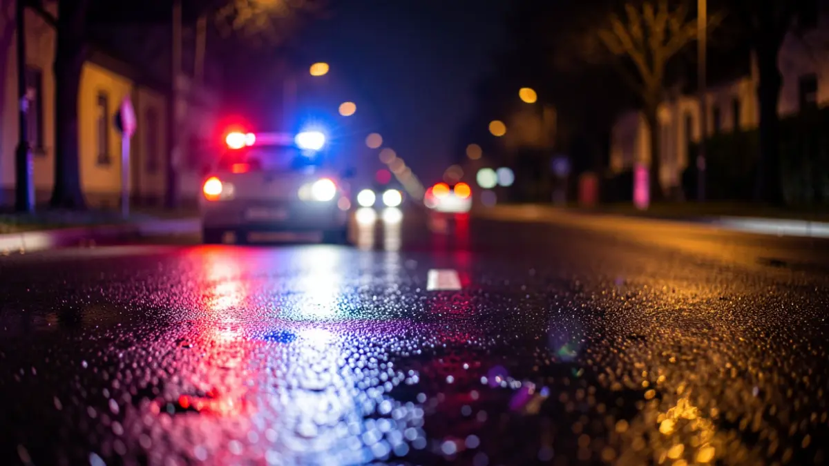 Generic image of emergency lights on wet asphalt at night.