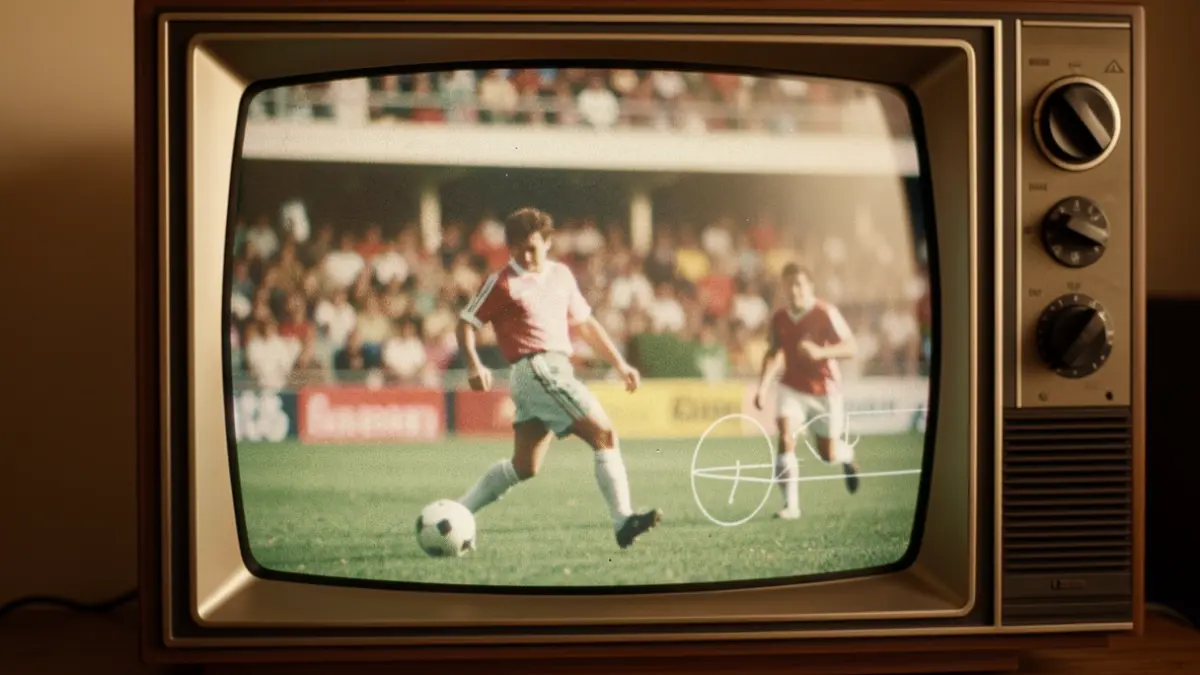 Imagen genérica de un televisor antiguo mostrando una película clásica española con una superposición de un partido de fútbol.