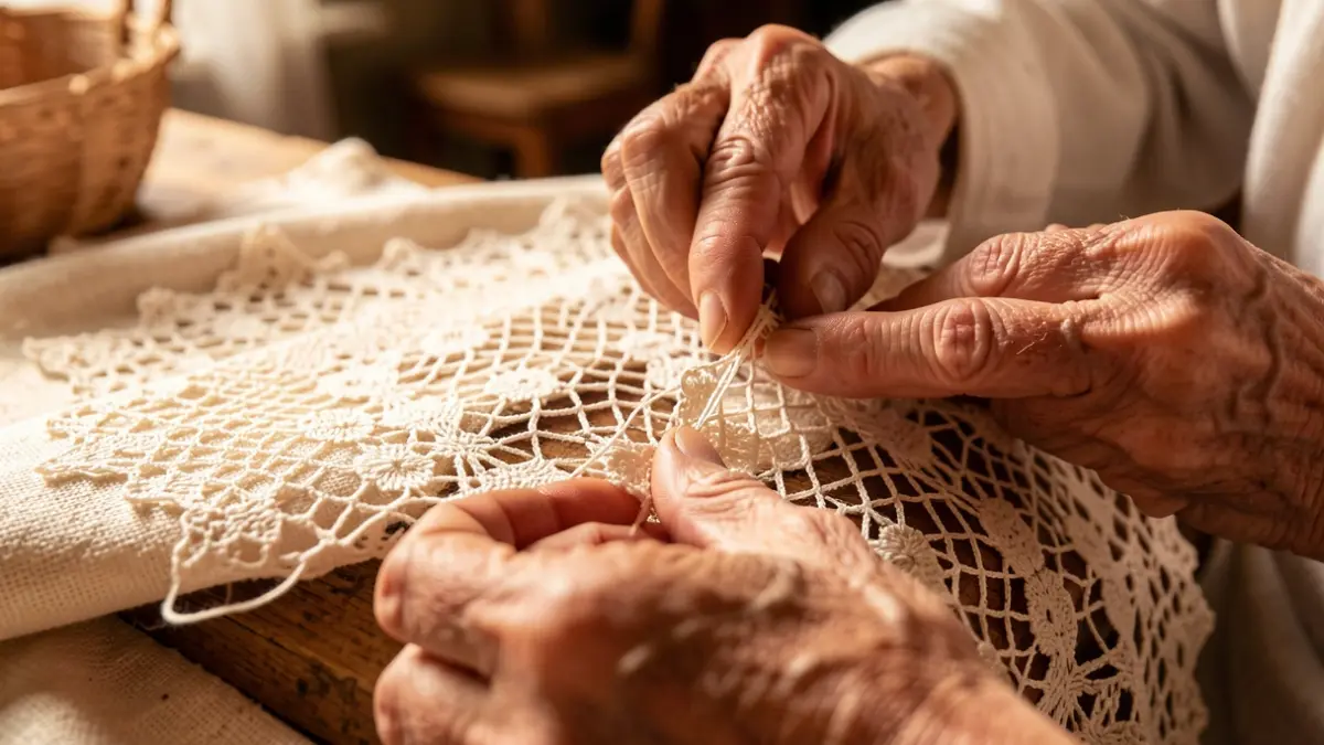 Close-up of artisan hands creating traditional Canarian lace.