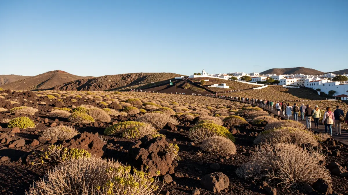 Imagen genérica del paisaje volcánico de Canarias con arquitectura tradicional.