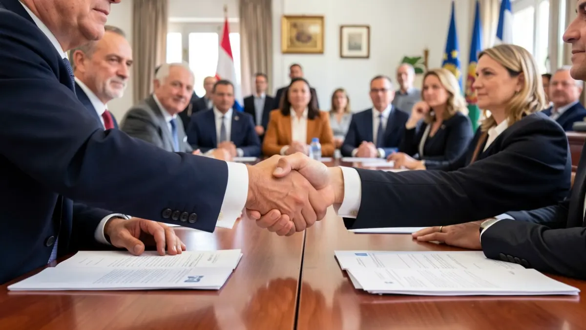 Imagen genérica de dos políticos dándose la mano en una reunión.