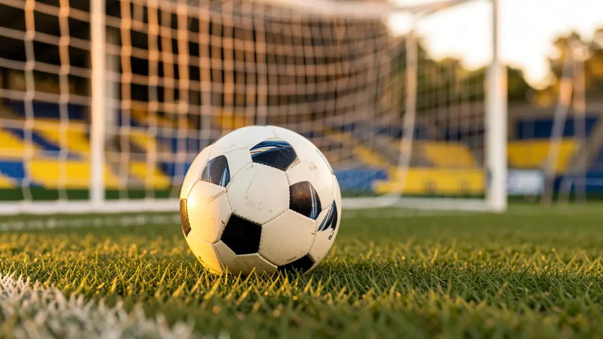 Generic image of a soccer ball on grass with a blurred goal net in the background.