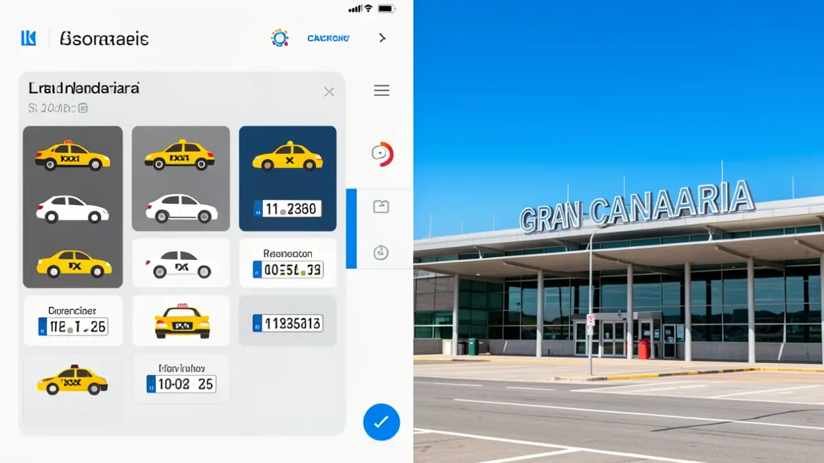 Split image of a digital taxi management interface and the facade of Gran Canaria Airport.