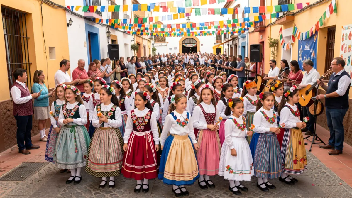 Imagen genérica de niños con trajes tradicionales canarios celebrando el Día de Canarias en un colegio.
