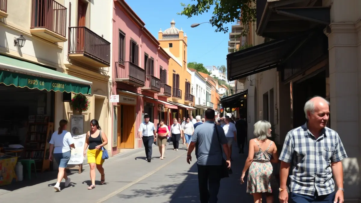 Imagen de una calle comercial en Tenerife durante un día festivo, con algunos establecimientos abiertos y transeúntes.