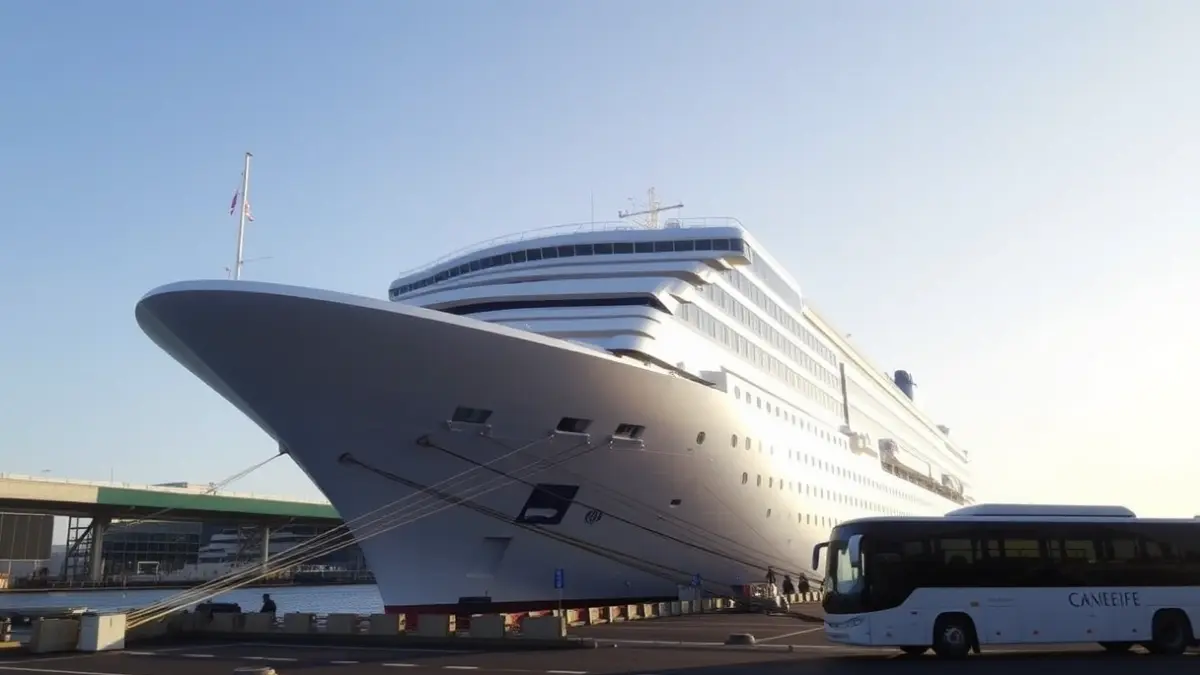 Imagen de un crucero atracado en el puerto de Granadilla, Tenerife, con un autobús de la UME esperando.