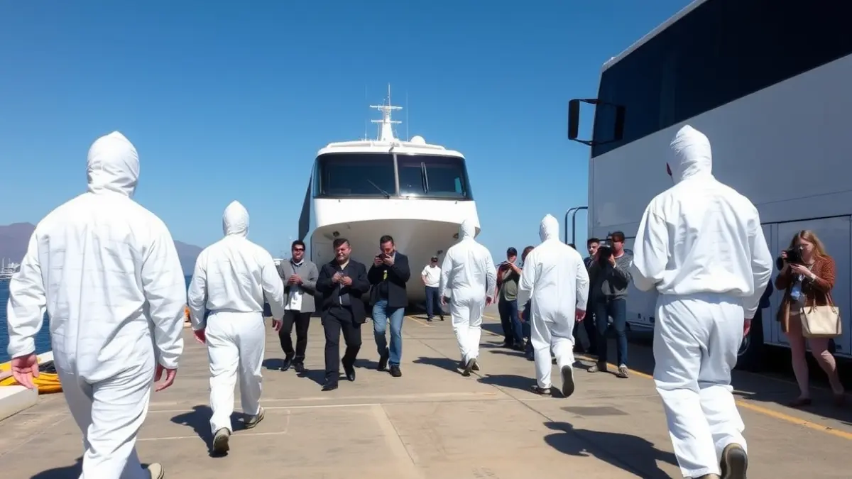 Passengers in personal protective equipment (PPE) disembarking from a ship in a Canary Islands port.