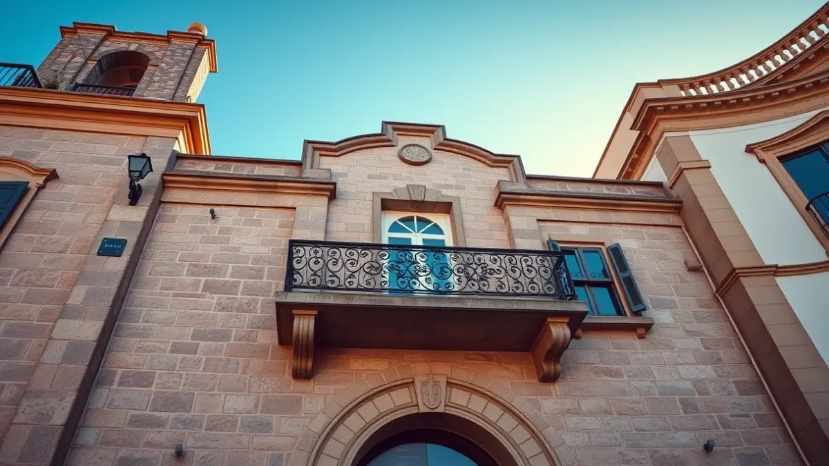 Fachada de un ayuntamiento canario con balcón de hierro forjado bajo la luz del sol.