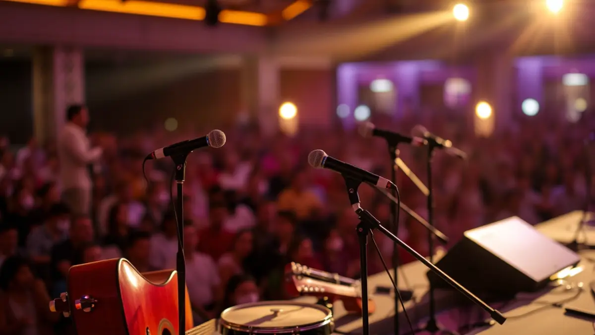 Image of a stage with Canarian musical instruments and concert lights.