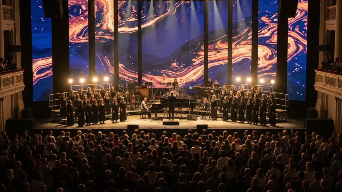 Concert stage with musical instruments and choir, with audiovisual projections in the background.