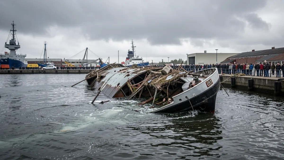 Image of sunken ship wreckage in a port after a storm.