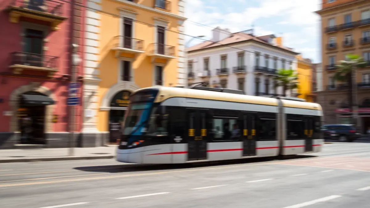 Image of a tram in motion on a street in Tenerife.
