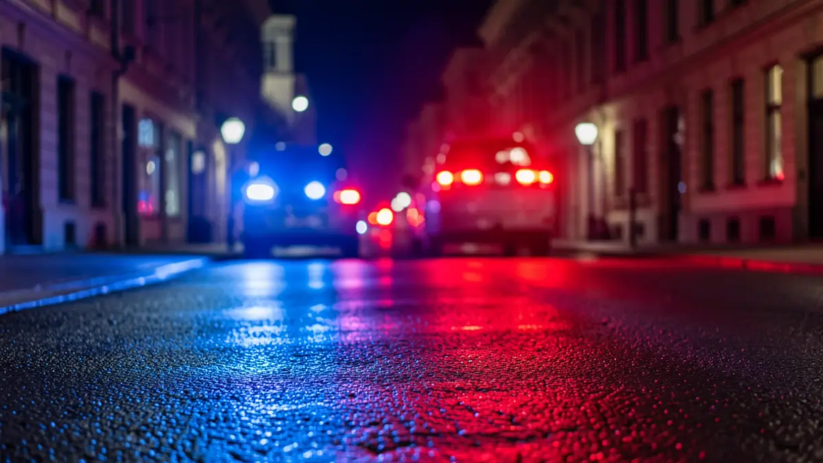 Imagen genérica de luces de emergencia policiales reflejadas en el asfalto durante la noche.