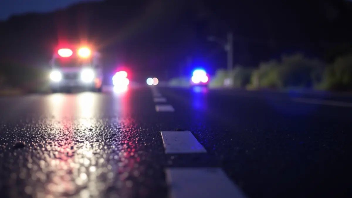 Imagen genérica de luces de emergencia reflejadas en asfalto mojado en un entorno rural canario.