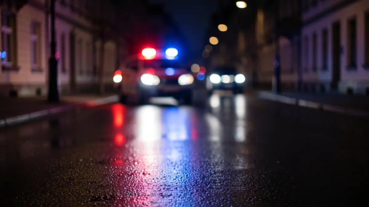 Generic image of emergency lights reflecting on wet asphalt at night.