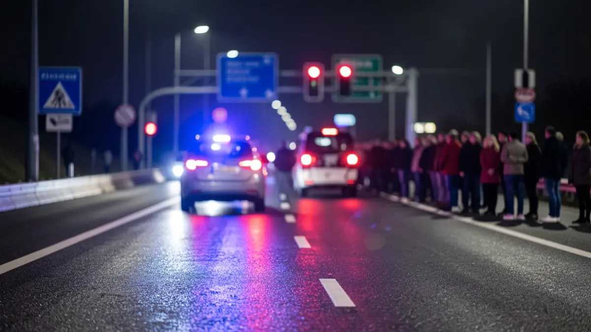 Generic image of police emergency lights reflecting on wet asphalt on a highway at night.