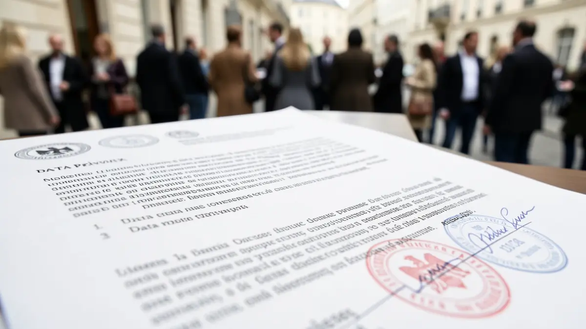Imagen de un documento legal con sellos oficiales, enfocando el texto sobre privacidad de datos y estadísticas.