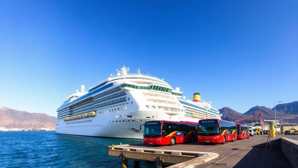 Imagen de un crucero atracado en el muelle de Granadilla, con autobuses de la UME esperando a los pasajeros.