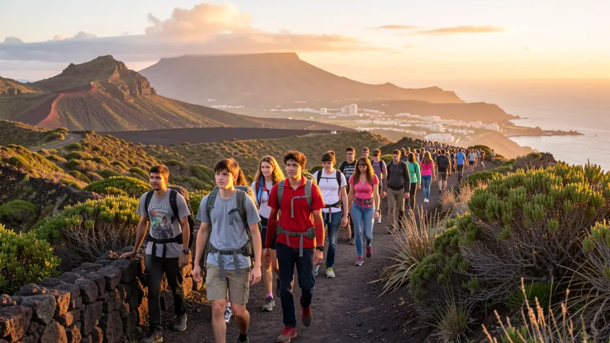 Imagen genérica de senderistas en un paisaje volcánico de Canarias al atardecer.