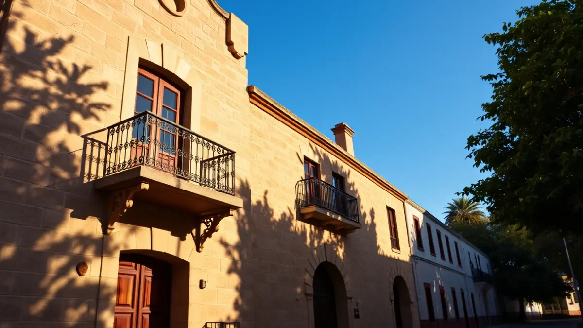 Fachada de un ayuntamiento canario con balcón y barandillas de hierro, bajo la luz del sol.
