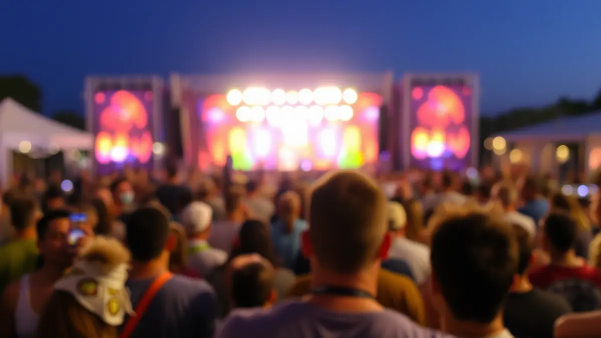 Imagen genérica de un festival al aire libre con luces de escenario y una multitud difuminada.