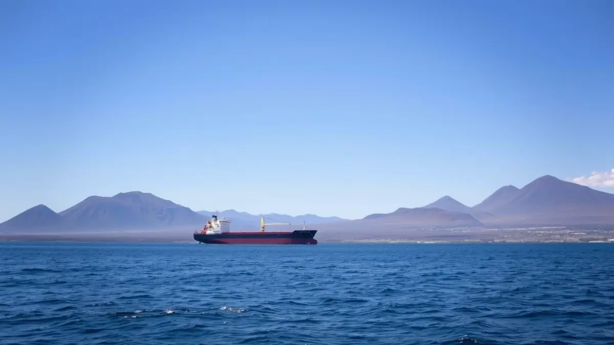 Imagen del MV Hondius anclado en la costa de Tenerife, con el paisaje volcánico de fondo.