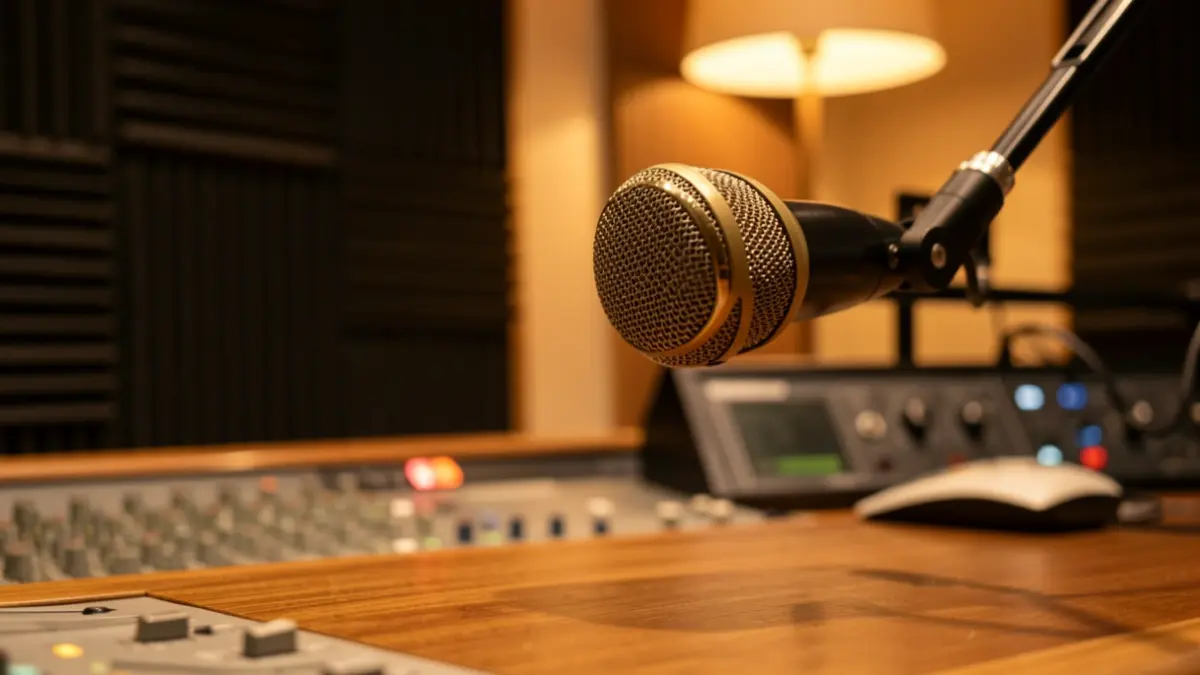 Generic image of a microphone in a radio studio.