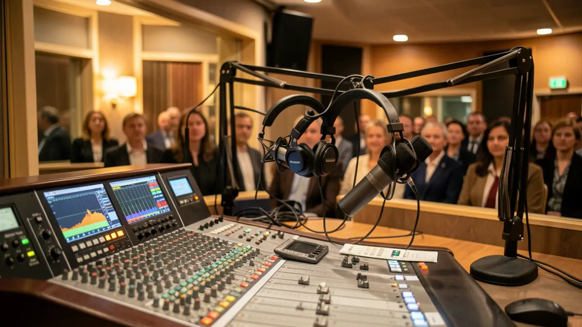 Imagen genérica de un estudio de radio con micrófonos y equipo de sonido.