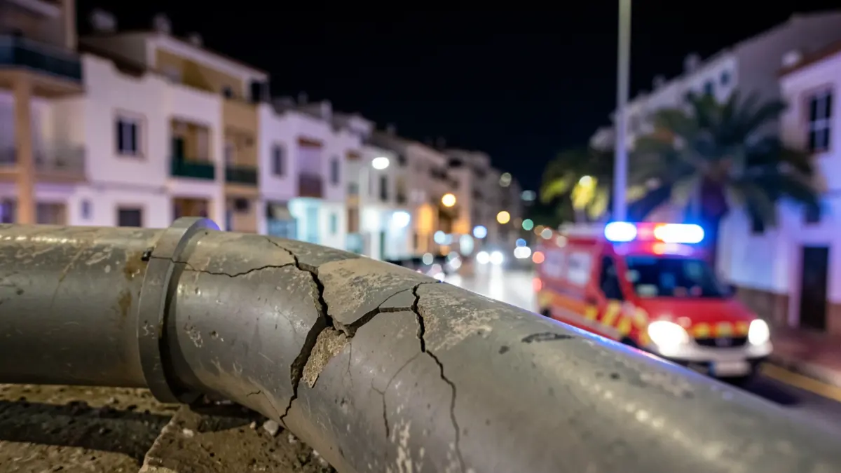 Generic image of a broken water pipe with emergency lights.