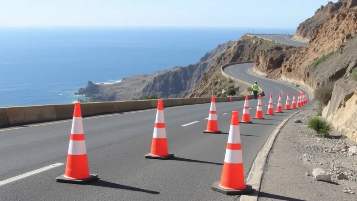 Image of a coastal road in Gran Canaria with traffic cones and barriers, indicating roadworks.