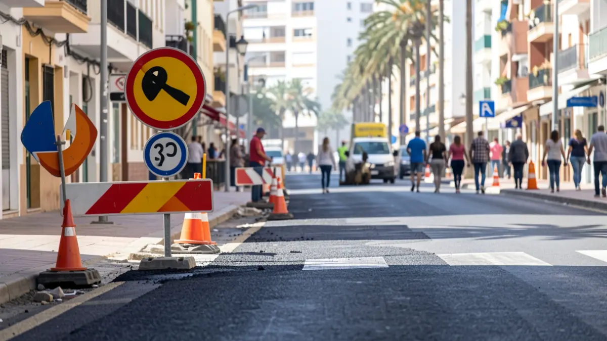 Imagen de obras de rehabilitación del firme asfáltico en la calle Granadilla, Santa Cruz de Tenerife, con desvíos de tráfico.