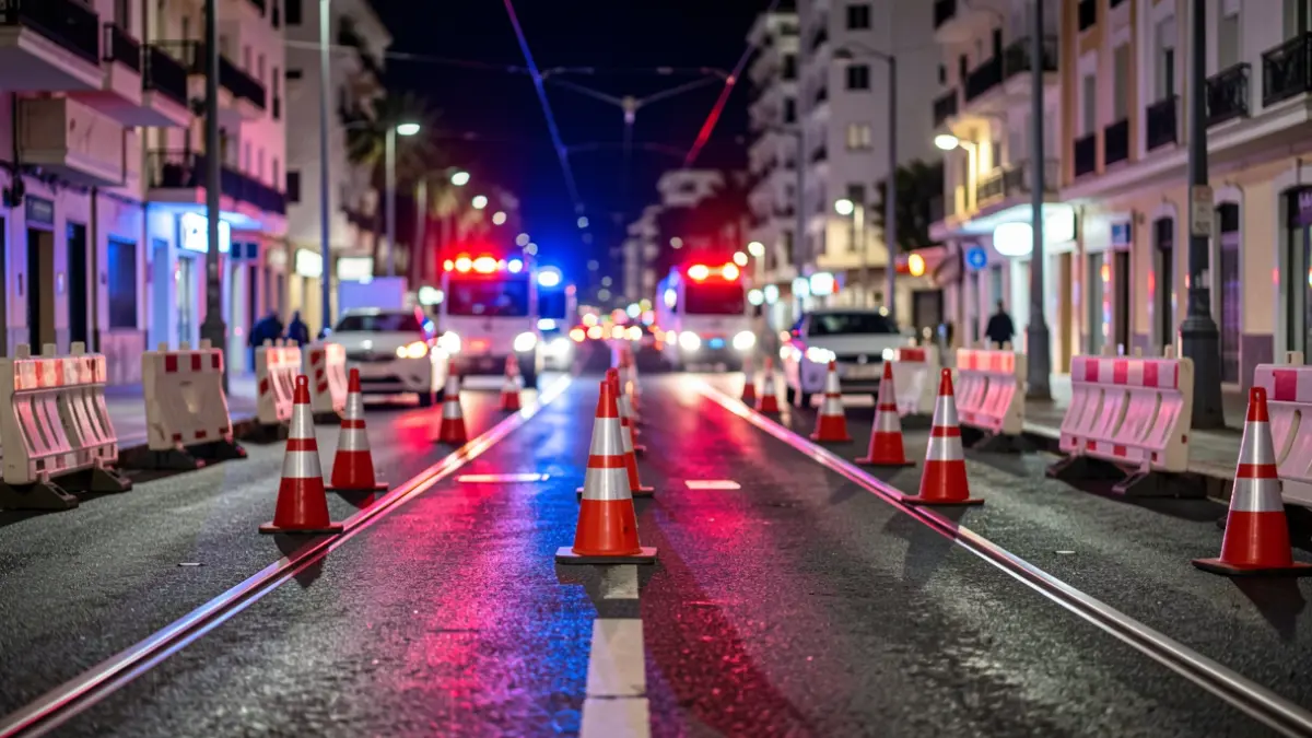 Generic image of nighttime traffic works on an avenue in Tenerife with barriers and emergency lights.