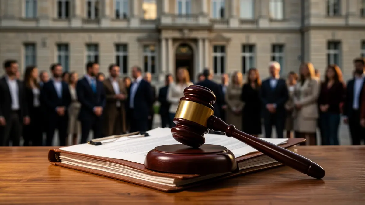 Generic image of a judge's gavel on legal documents with an institutional building in the background.